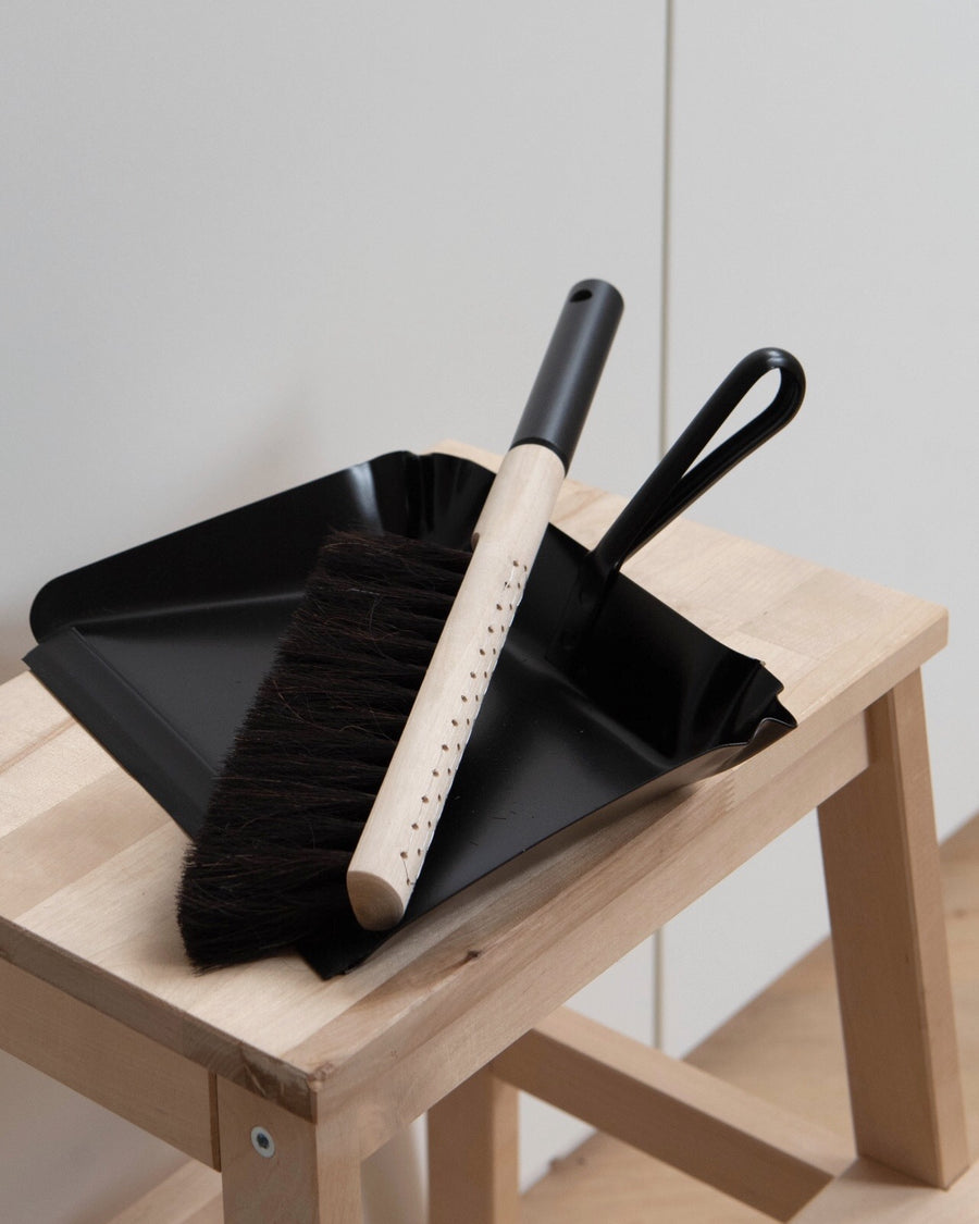 swedish dust pan and brush - horsehair with beechwood brush with metal dust pan - ezu studio