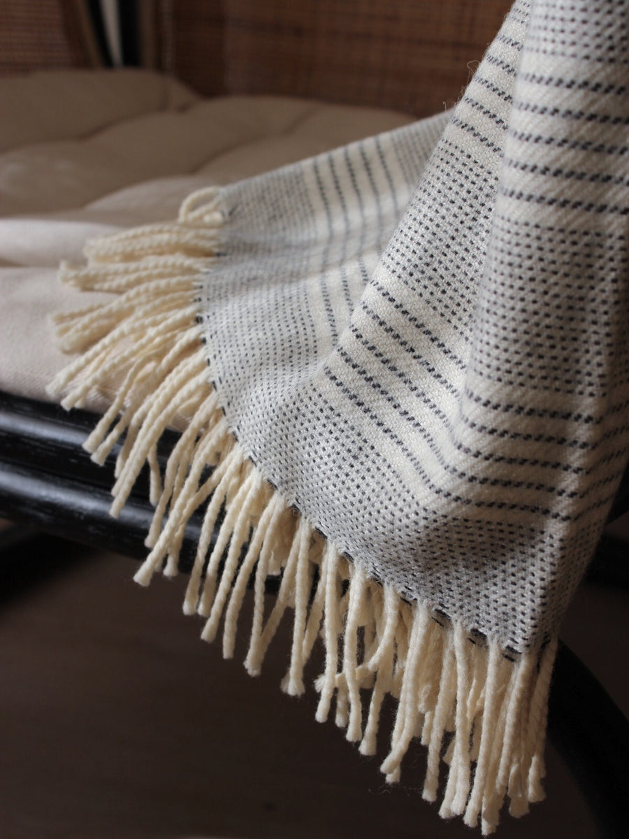 Soft alpaca wool blanket - ivory creme white grey stripe - Ezu Studio